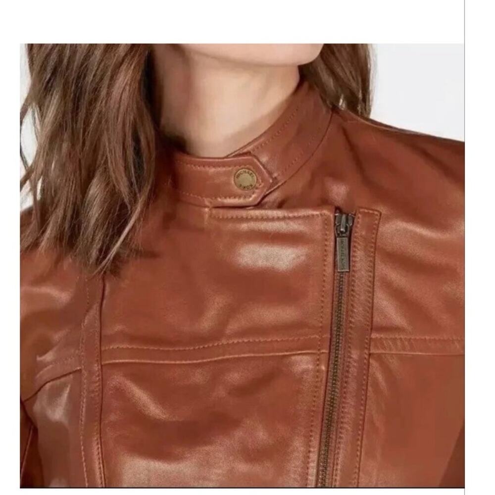 Michael Kors Carmel Brown Moto  100 % leather jacket medium small - Picture 8 of 15